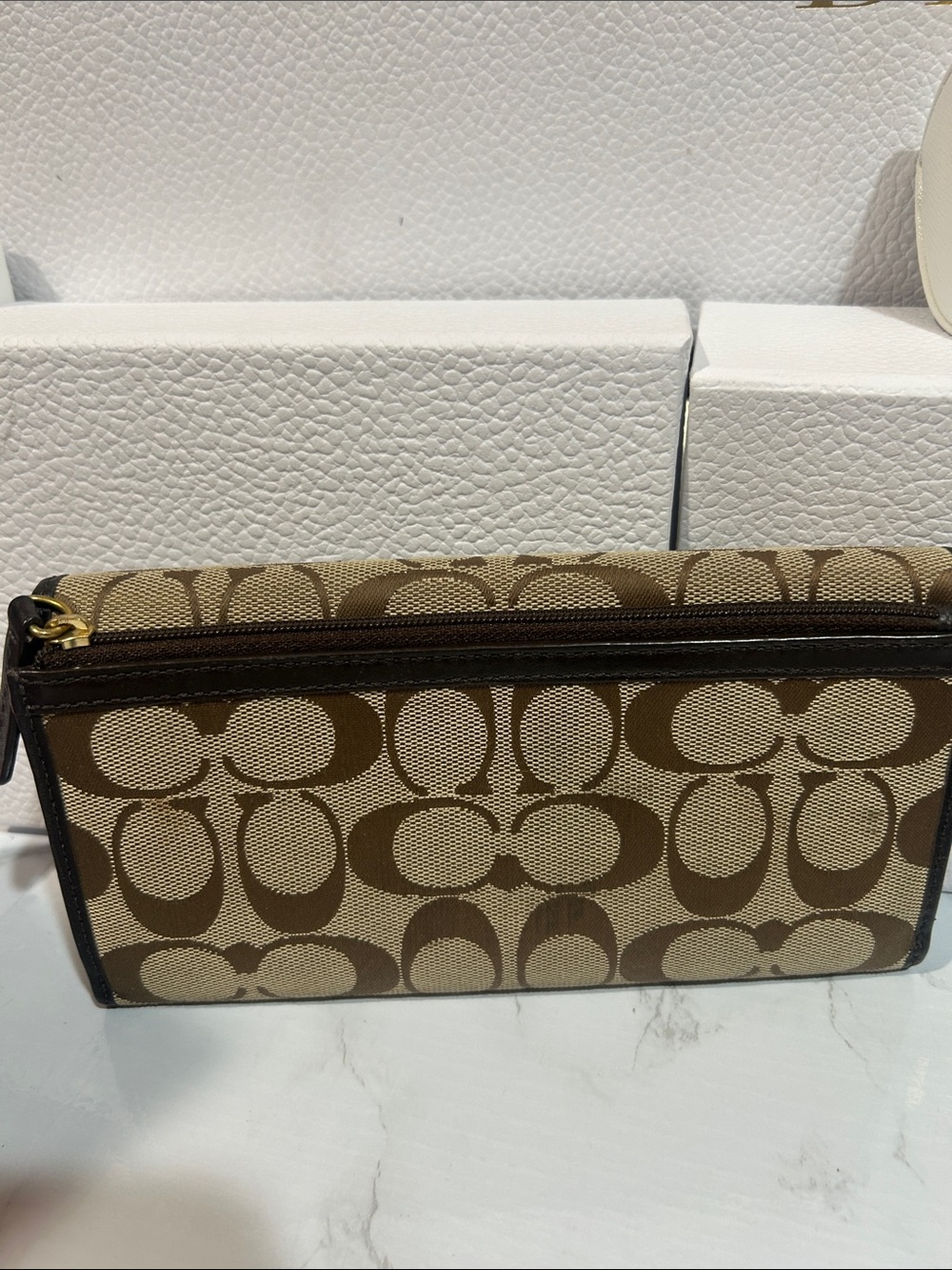 Coach Signature Canvas Trifold Wallet in Brown and Tan - Picture 2 of 8